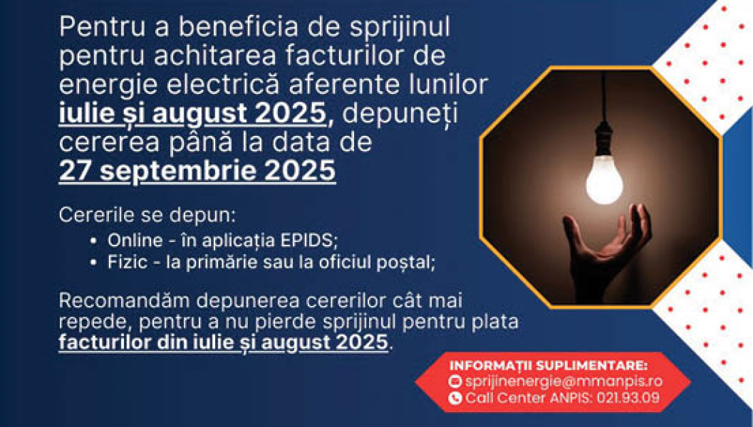 27 septembrie, termenul limită pentru depunerea cererilor în vederea obținerii tichetului de energie destinat acoperirii facturilor din iulie și august